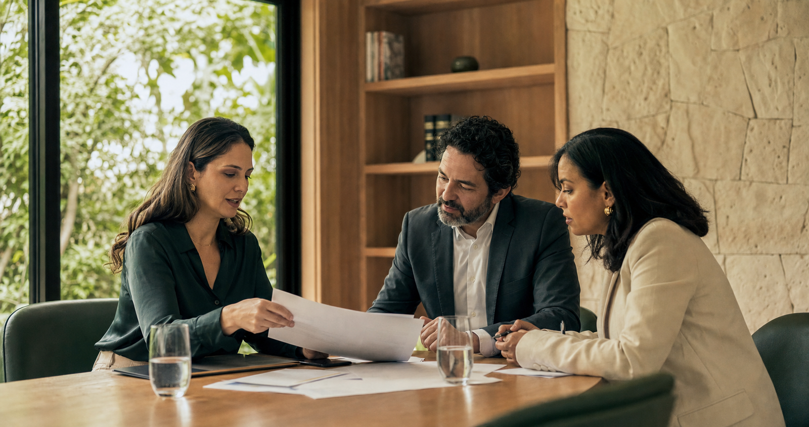 Equipe jurídica analisando documentos em reunião